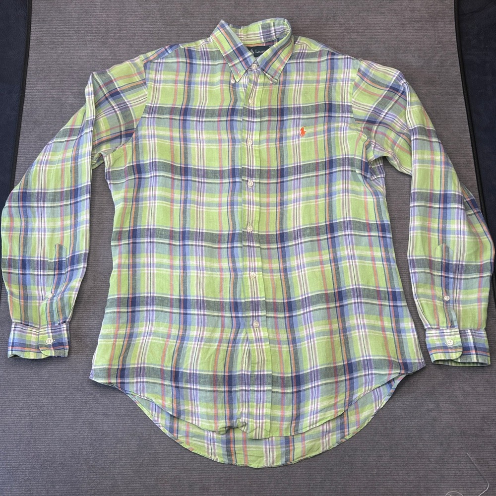 Ralph Lauren Custom Fit Shirt Green Blue Plaid Long Sleeve Button Down Mens Y2k